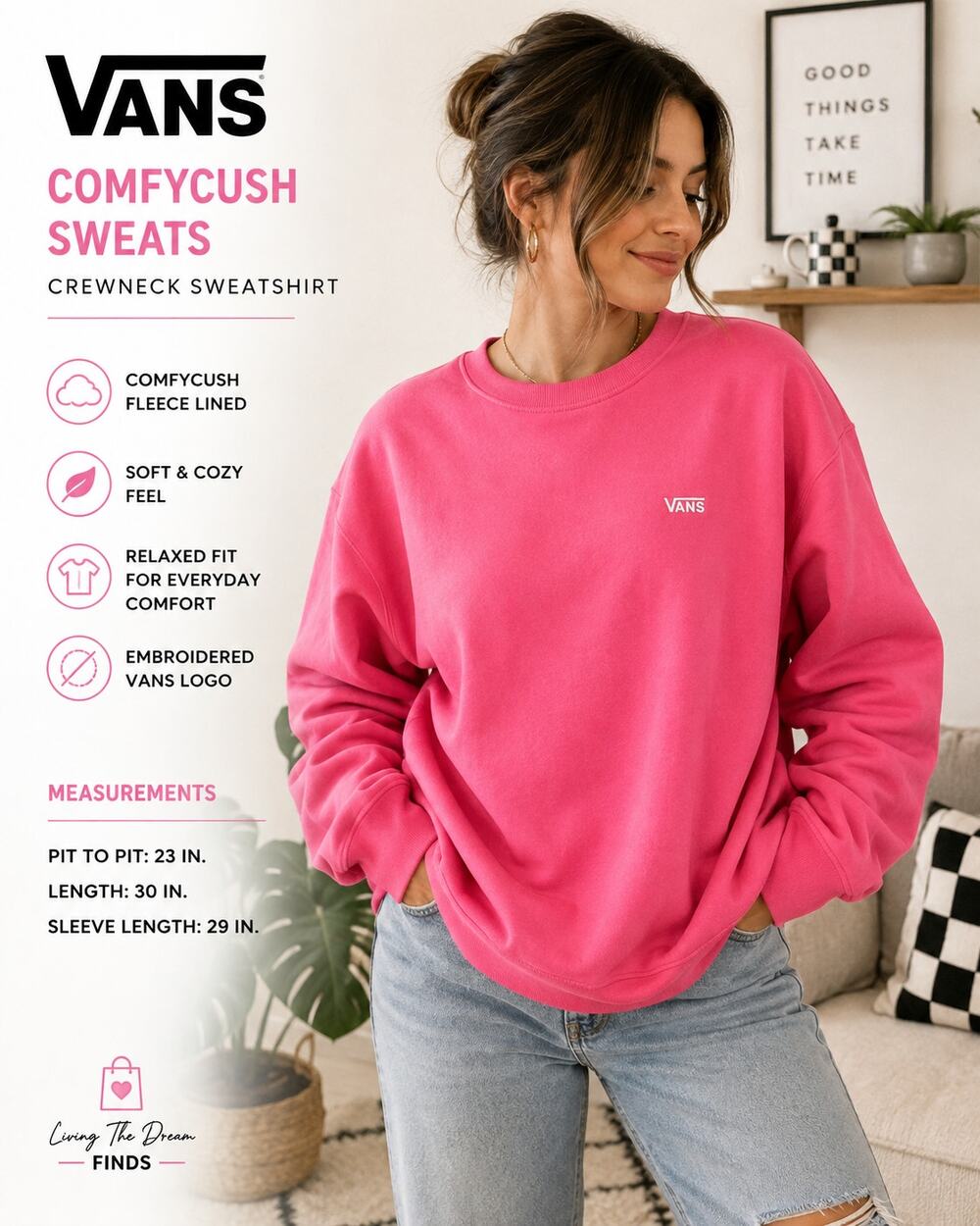 Vans ComfyCush Sweats Crewneck Sweatshirt Pink XXL Pullover Fleece Logo Casual